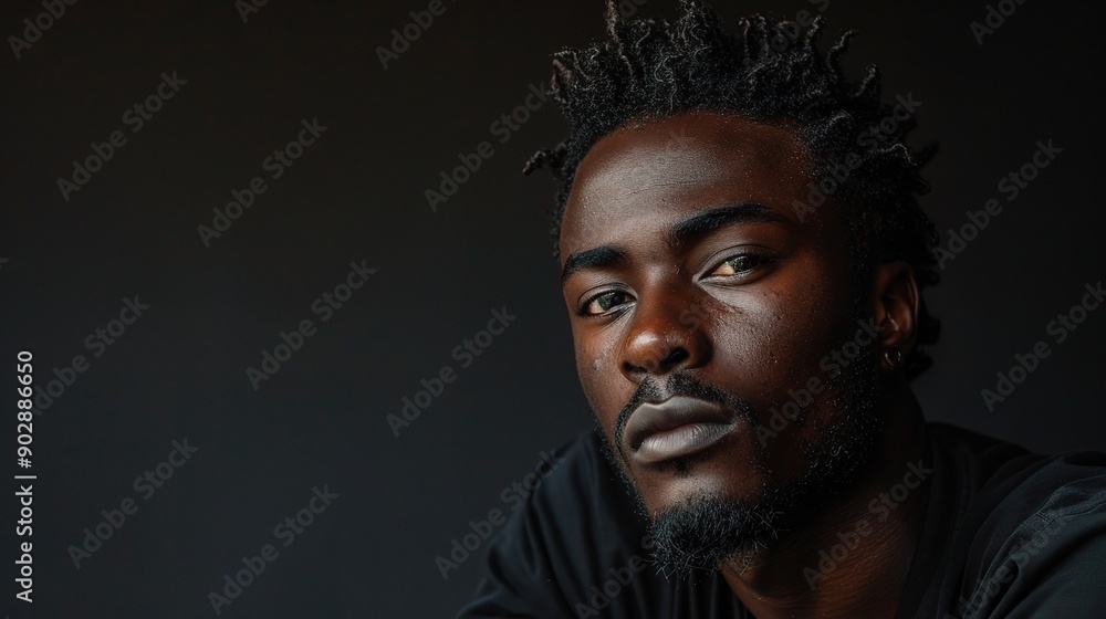 Intriguing Gaze: A young man with dreadlocks stares intently into the camera, his piercing gaze and intense expression creating a powerful portrait. Intriguing Gaze: A young man with dreadlocks stares intently into the camera, his piercing gaze and intense expression creating a powerful portrait.