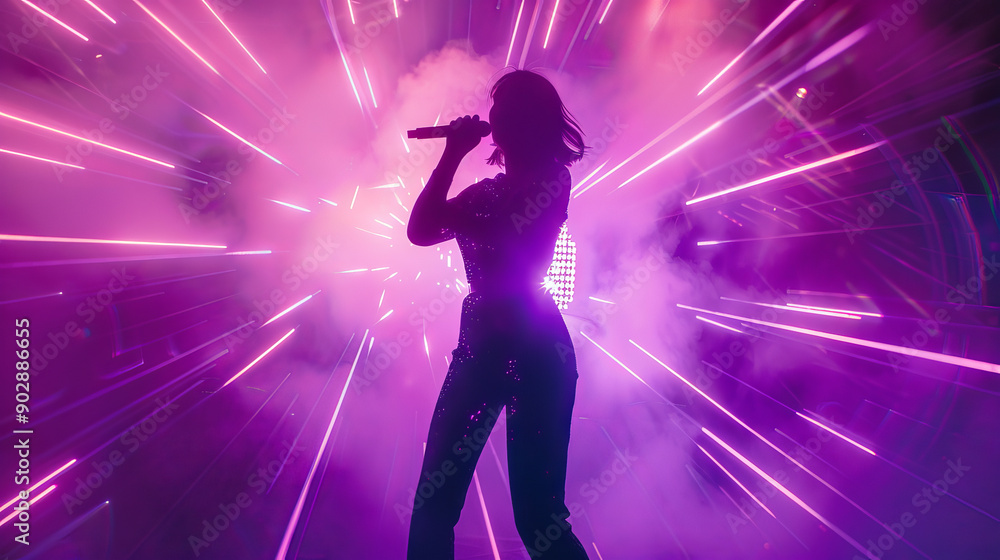 Silhouette of a female singer performing with microphone and vibrant pink lights. Concert stage with laser beams and smoke. Music performance concept for poster and banner design. Silhouette of a female singer performing with microphone and vibrant pink lights. Concert stage with laser beams and smoke. Music performance concept for poster and banner design.