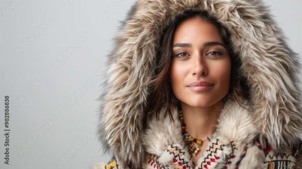Fashion model in a wolf fur jacket with tribal patterns, wild and cultural, animal and heritage fashion Fashion model in a wolf fur jacket with tribal patterns, wild and cultural, animal and heritage fashion