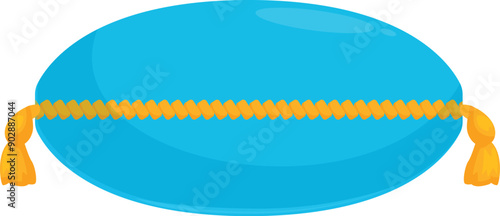 Blue oval pillow with golden rope and tassels is lying ready for sleeping