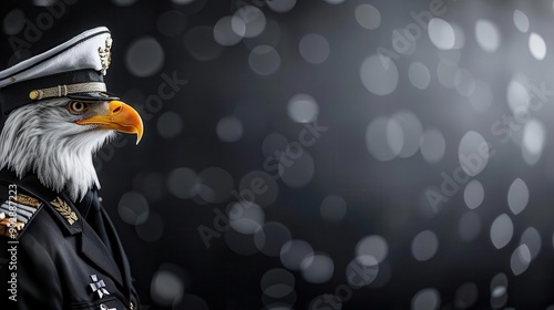 Eagle in a military uniform, minimalist off-white backdrop, proud and regal photo