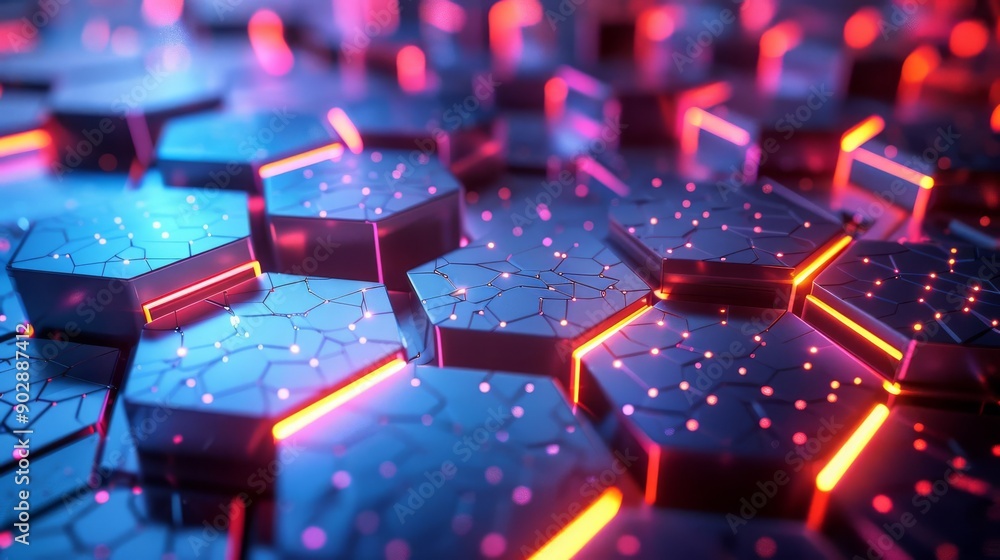 Fototapeta premium Hexagon array with dynamic lighting effects, 3D hexagons, motion and energy