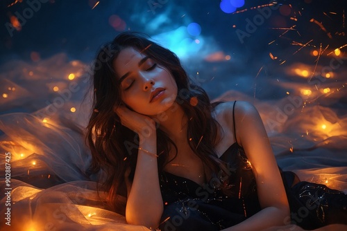 A young woman, lost in a dreamy world of sparkling lights and fiery sparks.