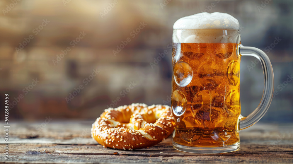 Traditional German beer with a twisted pretzel on brown blurred background with copy space. Close-up Mug of beer with pretzel on a wooden rustic table. Oktoberfest background Design for poster banner. Traditional German beer with a twisted pretzel on brown blurred background with copy space. Close-up Mug of beer with pretzel on a wooden rustic table. Oktoberfest background Design for poster banner.