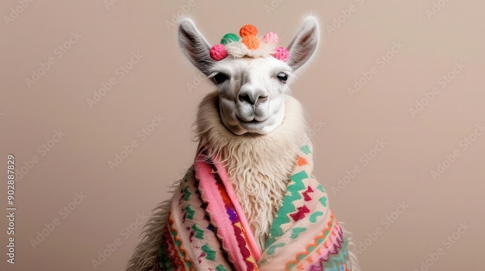 Fototapeta premium Llama in a festive poncho, simple beige backdrop, lively and fun