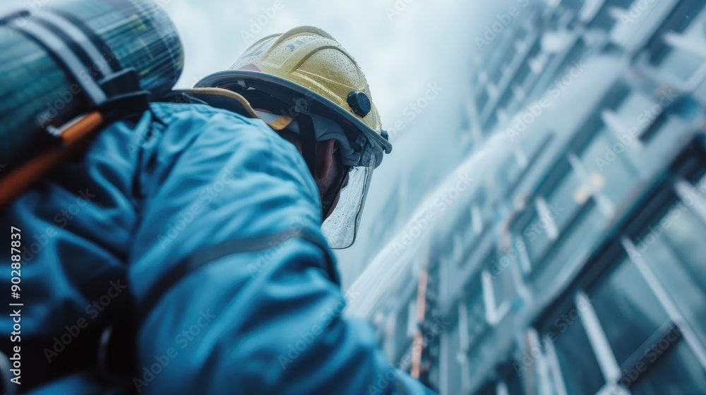 A brave firefighter, fully geared in protective equipment, sprays water at a high-rise building ablaze with flames, highlighting their determination and emergency response. A brave firefighter, fully geared in protective equipment, sprays water at a high-rise building ablaze with flames, highlighting their determination and emergency response.
