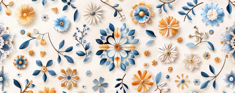 Seamless pattern with blue, white and orange paper flowers on a white background. Seamless pattern with blue, white and orange paper flowers on a white background.