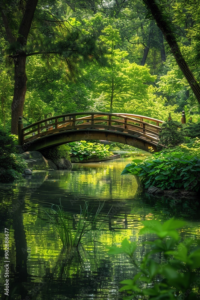 Tranquil Japanese garden bridge over still pond, lush green foliage, soft morning light, wideangle shot Tranquil Japanese garden bridge over still pond, lush green foliage, soft morning light, wideangle shot