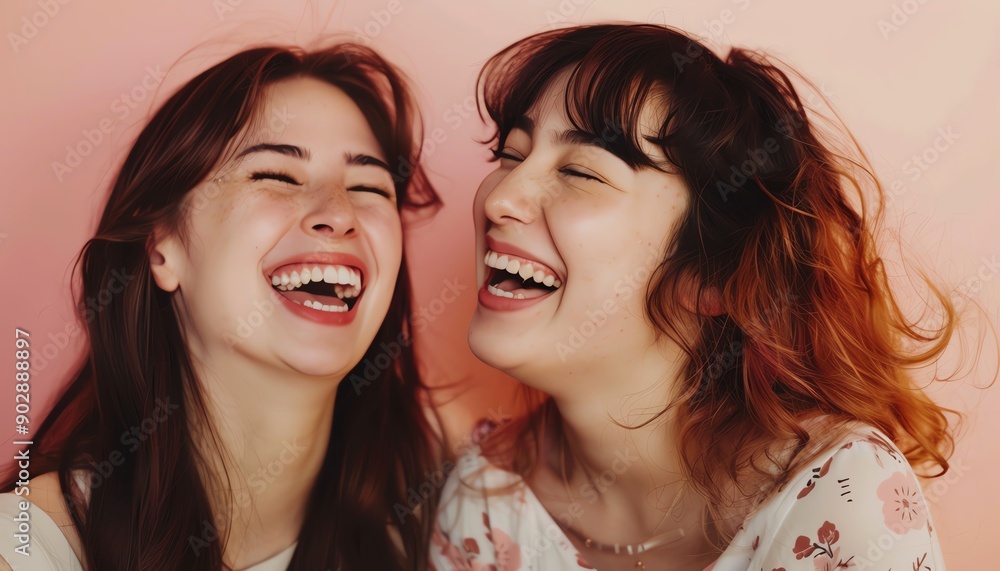 Two women laughing together, midshot, light pink background, soft natural lighting, warm and joyful moment Two women laughing together, midshot, light pink background, soft natural lighting, warm and joyful moment