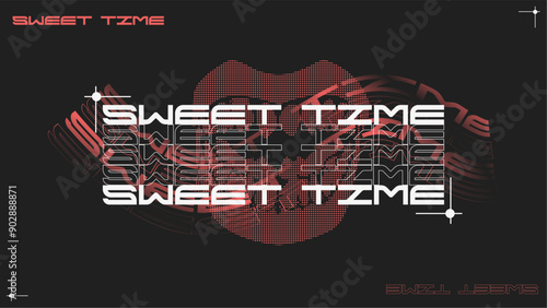 Sweet Time Futuristic Bold Typography Art with Opened Mouth in Screentone effect, Brutalism Red wan White Flat Artwork in Black Background