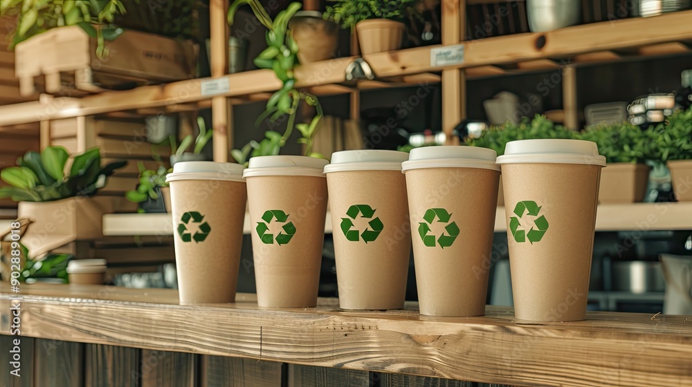 Fototapeta premium Five compostable coffee cups with green recycling symbols sit neatly on a wooden counter surrounded by vibrant plants and a cozy café atmosphere