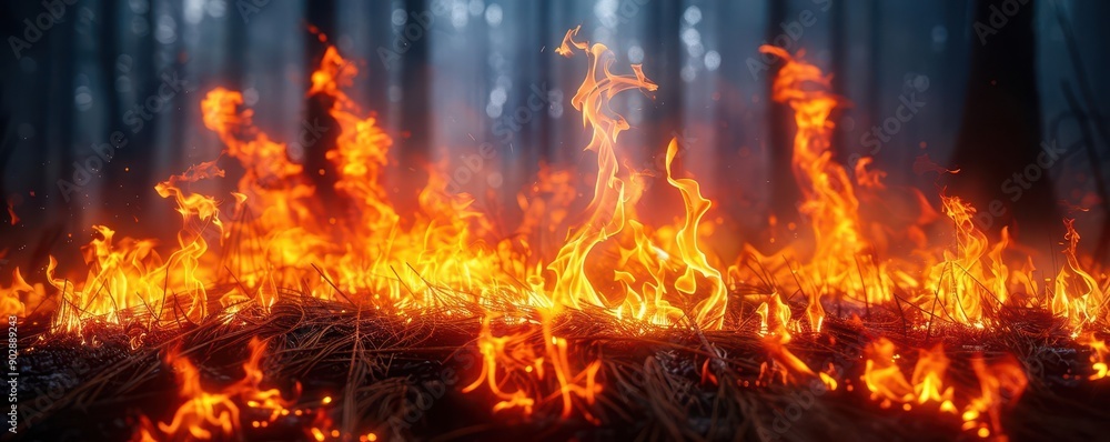 Burning forest fire, emphasizing the increasing frequency of wildfires Burning forest fire, emphasizing the increasing frequency of wildfires