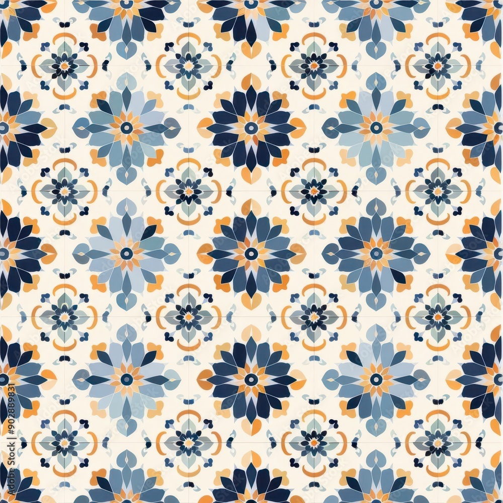 Seamless pattern of blue and gold floral motifs on a white background. Seamless pattern of blue and gold floral motifs on a white background.