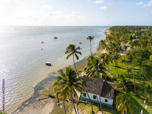 Aerial photo of São Benedito Church at Praia dos Carneiros in the city of Tamandaré, state of Pernambuco, Brazil