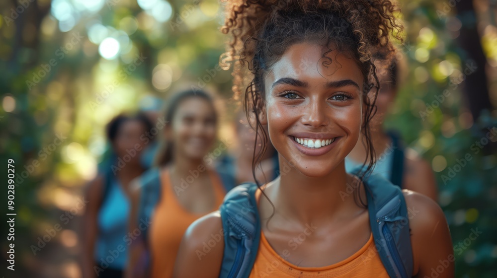 A young woman with curly hair smiles while hiking on a path through a forest with other people. A young woman with curly hair smiles while hiking on a path through a forest with other people.