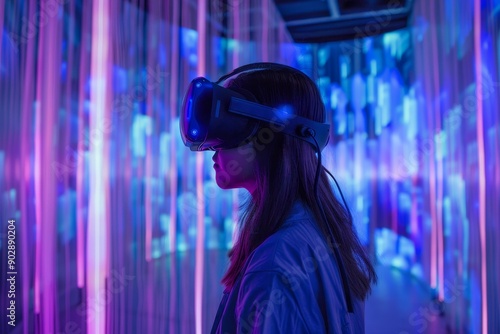 Futuristic Virtual Reality Studio with Dynamic Holographic Environments and Glowing VR Headsets.