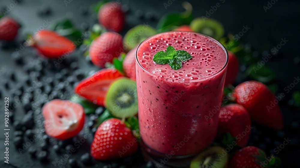 Vibrant smoothie made with fresh berries and kiwi, topped with a mint sprig, sits on a dark background surrounded by fresh fruit Vibrant smoothie made with fresh berries and kiwi, topped with a mint sprig, sits on a dark background surrounded by fresh fruit