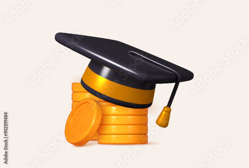 Educational concept. 3D coin wearing a graduation cap. Represents financial literacy, economic studies, and cash flow principles.
