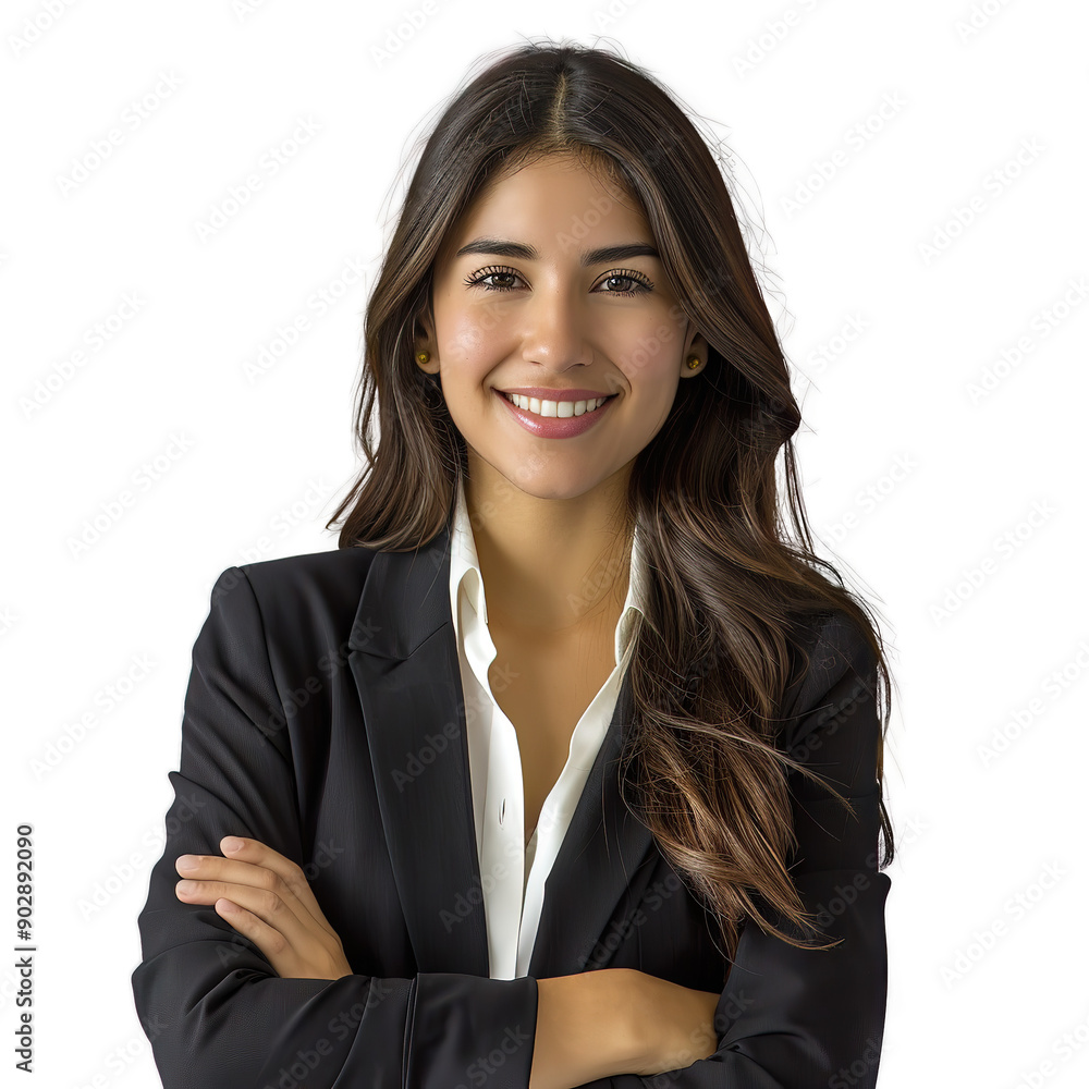 A professional Hispanic businesswoman stands with her arms crossed and smiles confidently. A professional Hispanic businesswoman stands with her arms crossed and smiles confidently.