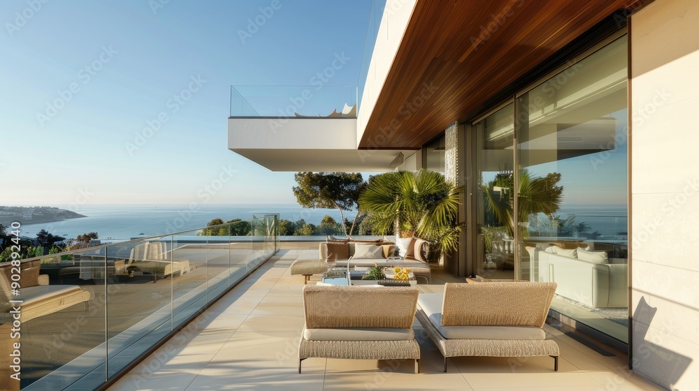 Fototapeta premium Modern balcony with sleek furniture and a scenic view, photographed for a chic and urban lifestyle feature