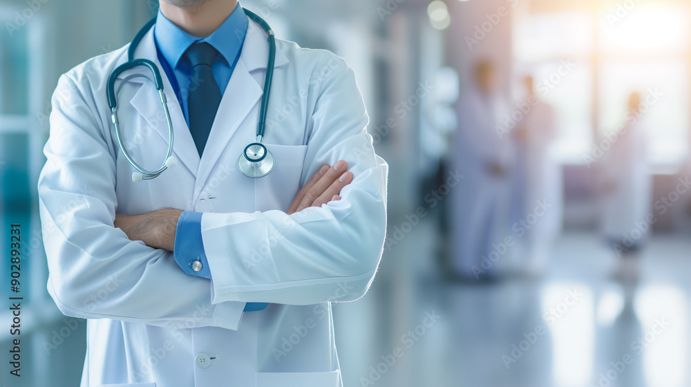 A confident doctor with crossed arms in a bright hospital corridor, wearing a white coat and a stethoscope. A confident doctor with crossed arms in a bright hospital corridor, wearing a white coat and a stethoscope.