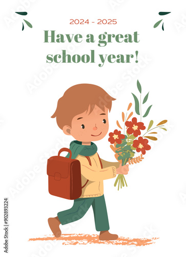 Postcard for a primary school student with flowers for September 1, Postcard as a gift for Knowledge Day, vector illustration in high resolution