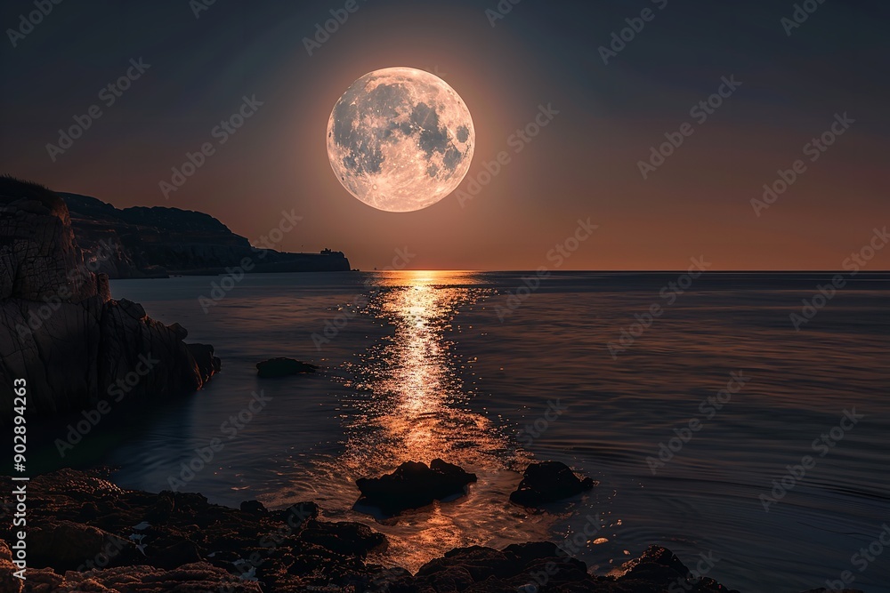 A full moon sets over the coast at night, Generative AI. A full moon sets over the coast at night, Generative AI.