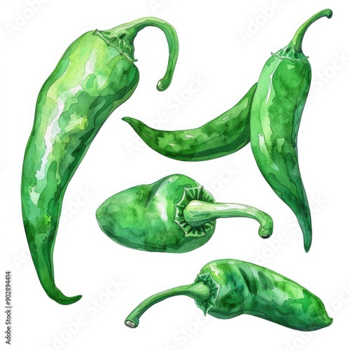 Handmade Watercolor Illustration of Fresh Green Chili Pepper Set on White Background photo