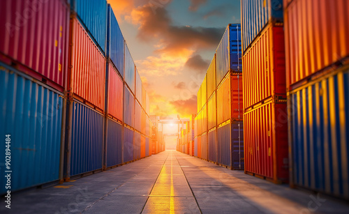 Shipping containers stacked in an industrial port with cranes in the background during a golden sunset.