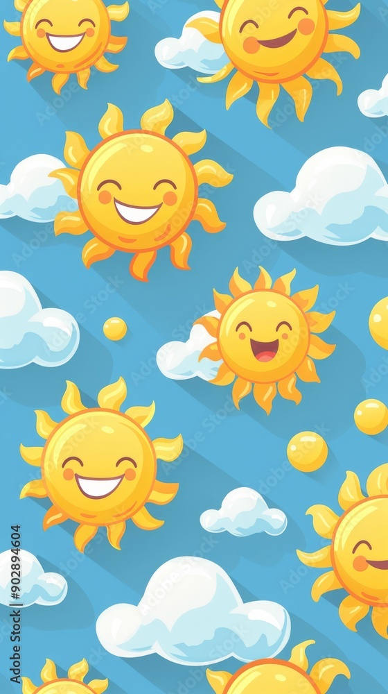 Seamless background pattern of smiling suns and fluffy clouds on blue, background for a summer concept Seamless background pattern of smiling suns and fluffy clouds on blue, background for a summer concept