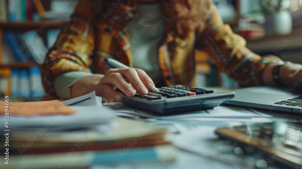 Fototapeta premium Close up of an accountants hands using a calculator