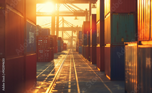 Shipping containers stacked in an industrial port with cranes in the background during a golden sunset.