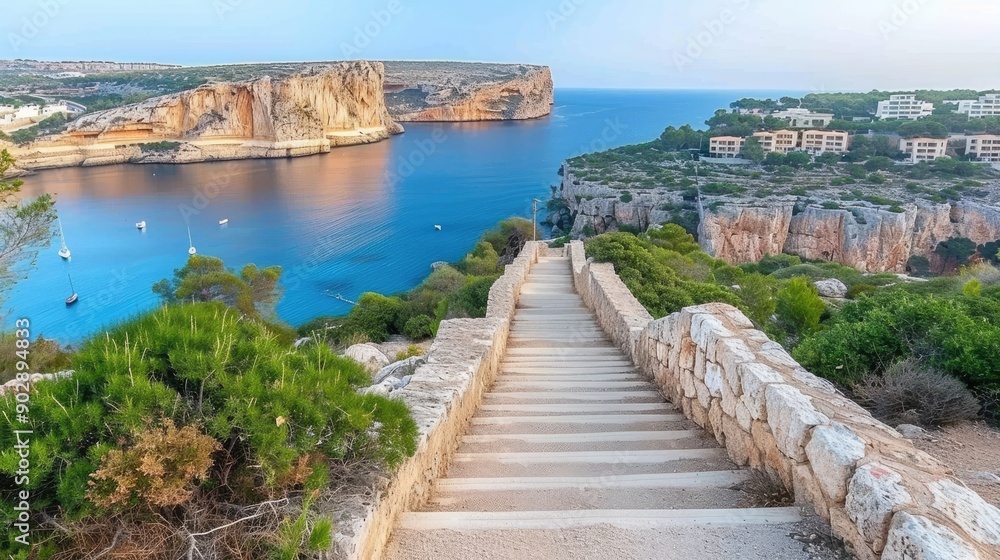 The sun sets gently over the horizon, casting warm hues over calm waters as steps lead from a charming coastal path to the shore The sun sets gently over the horizon, casting warm hues over calm waters as steps lead from a charming coastal path to the shore