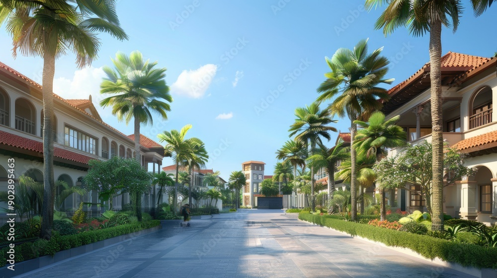 Palm tree-lined hotel building in a realistic 3D rendering, perfect for a tropical getaway promotion Palm tree-lined hotel building in a realistic 3D rendering, perfect for a tropical getaway promotion