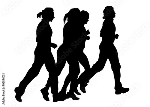 Young athletes run a marathon. Isolated silhouettes on white background