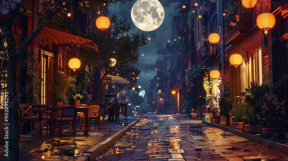 artwork of a city street at night featuring a full moon, Generative AI. artwork of a city street at night featuring a full moon, Generative AI.