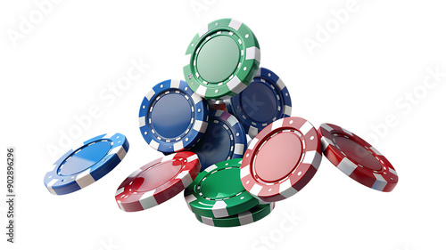 Colorful poker chips on a white background, gambling, casino, betting, gaming accessories
