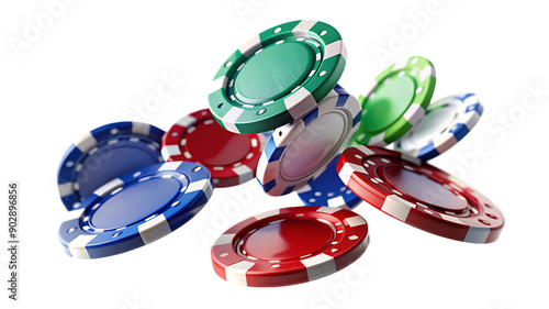 Colorful poker chips on a white background, gambling, casino, betting, gaming accessories
