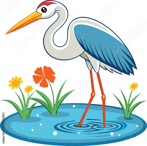 a stork is hunting small fish in a water canal 