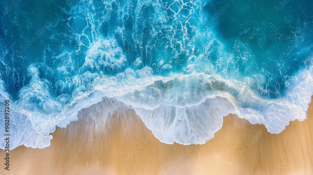 Aerial view of waves crashing on a sandy beach. Aerial view of waves crashing on a sandy beach.