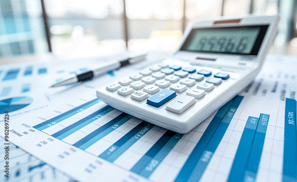 Calculator and financial charts on a desk, representing business analysis. Calculator and financial charts on a desk, representing business analysis.