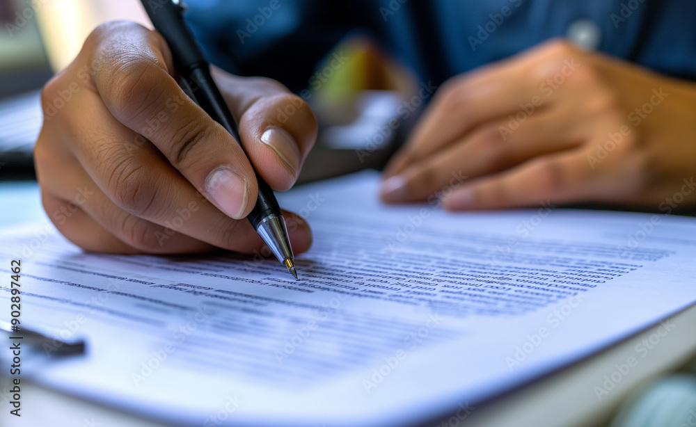 Person writing on papers with a pencil at a desk. Person writing on papers with a pencil at a desk.