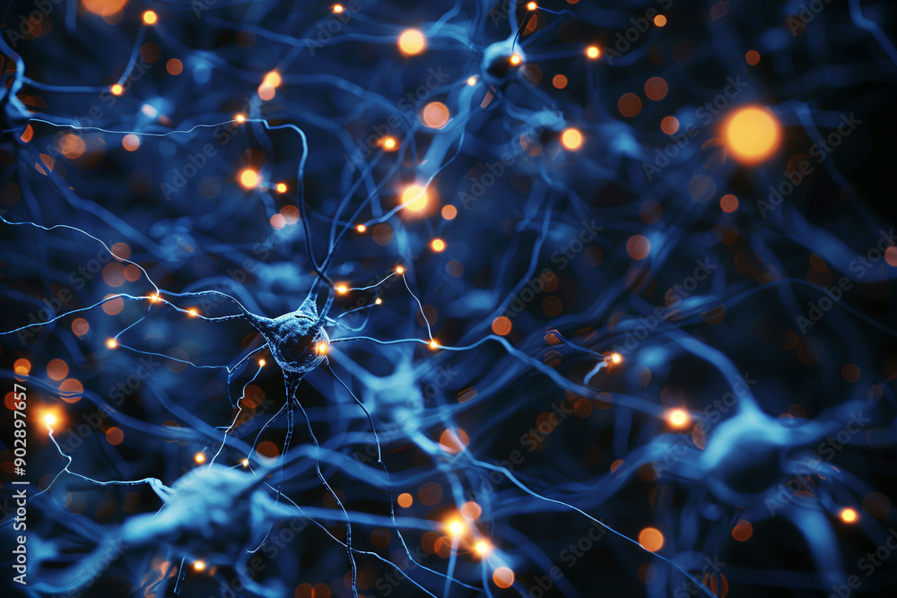 Close-up of glowing neurons on a dark background, the concept of neuronal connections in the brain