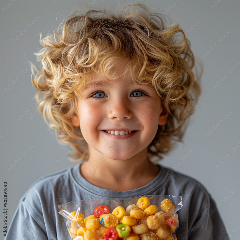 a young boy holding a bag of candy
a young boy holding a bag of candy