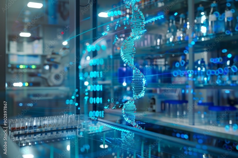 Cutting-Edge Biotech Lab with Interactive Digital Genomes and Holographic Cell Models for Advanced Research. Cutting-Edge Biotech Lab with Interactive Digital Genomes and Holographic Cell Models for Advanced Research.