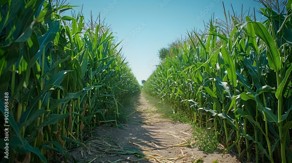 Lush Green Corn Field Maze with Winding Pathway Through Countryside Landscape Lush Green Corn Field Maze with Winding Pathway Through Countryside Landscape
