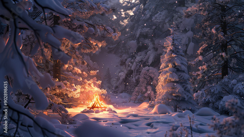 Serene winter landscape with glowing campfire surrounded by snow-covered trees and a tranquil atmosphere in a snowy forest