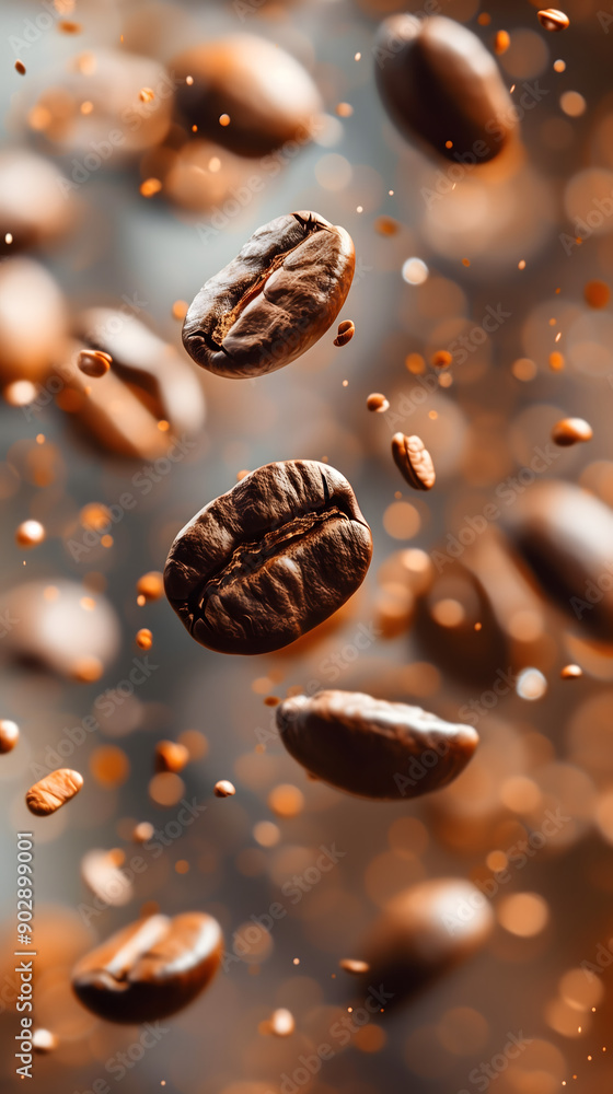 Close-up of Coffee beans falling, close-up view showing dark roasted beans Close-up of Coffee beans falling, close-up view showing dark roasted beans