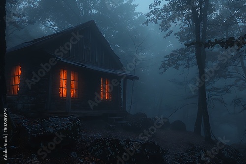 Cabin in the Woods at Night with Fog.