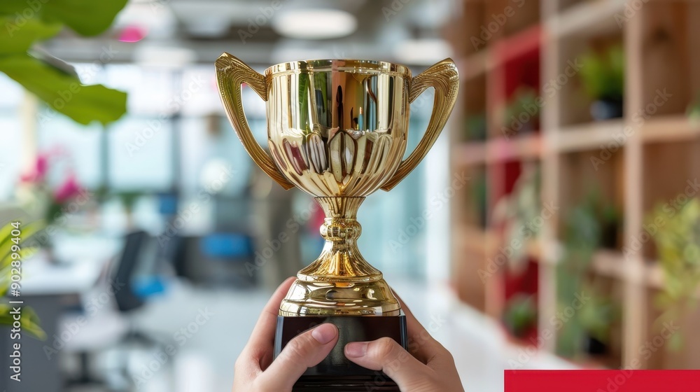 Obraz premium A person is holding a gold trophy in a room with plants and shelves. The trophy is shiny and golden, and the room has a warm and inviting atmosphere